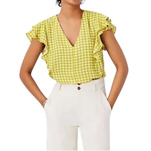 Ann Taylor Chartreuse Gingham Ruffle Sleeve V Neck Top Women’s Size S